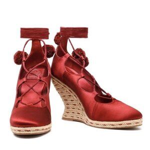 New Tory Burch Red Pompom-embellished Lace-up Satin Wedge Espadrilles‎ Merlot 7